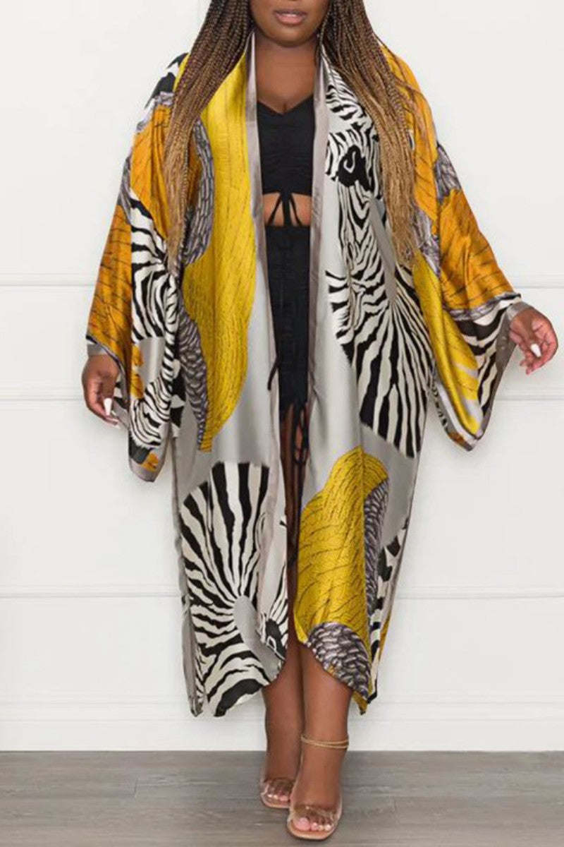Clacive Yellow Casual Print Cardigan Outerwear