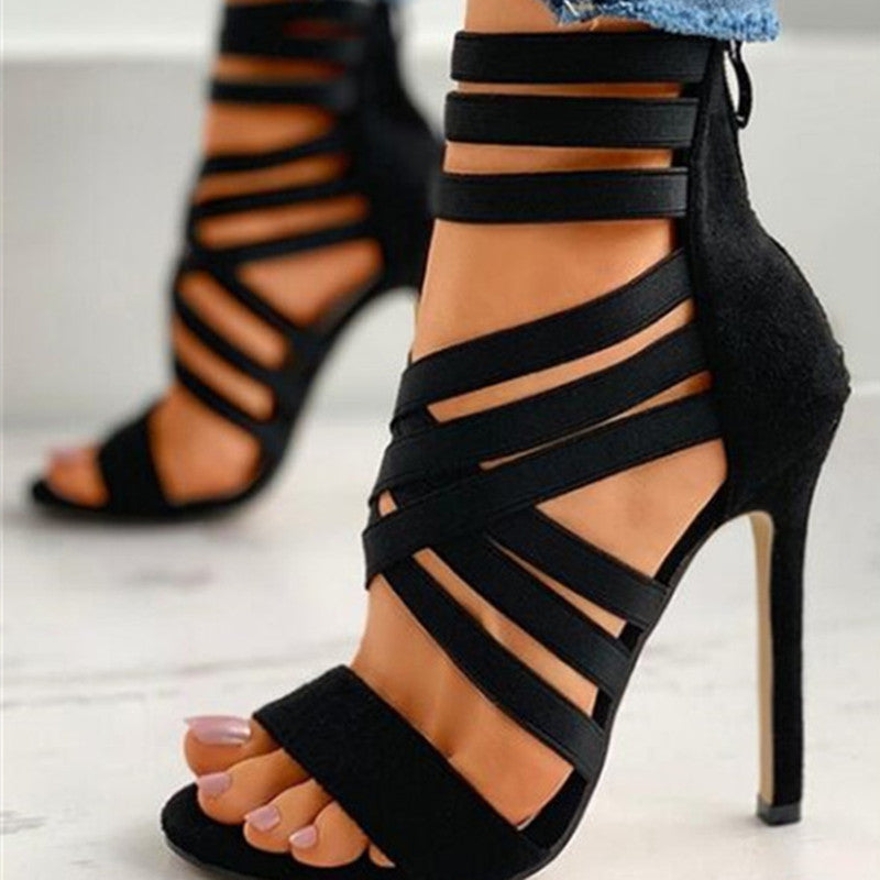Clacive - Black Fashion Hollowed Out Solid Color Pointed Stiletto Sandals