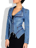 Clacive - Blue Casual Solid Zipper Turndown Collar Long Sleeve Regular Denim Jacket