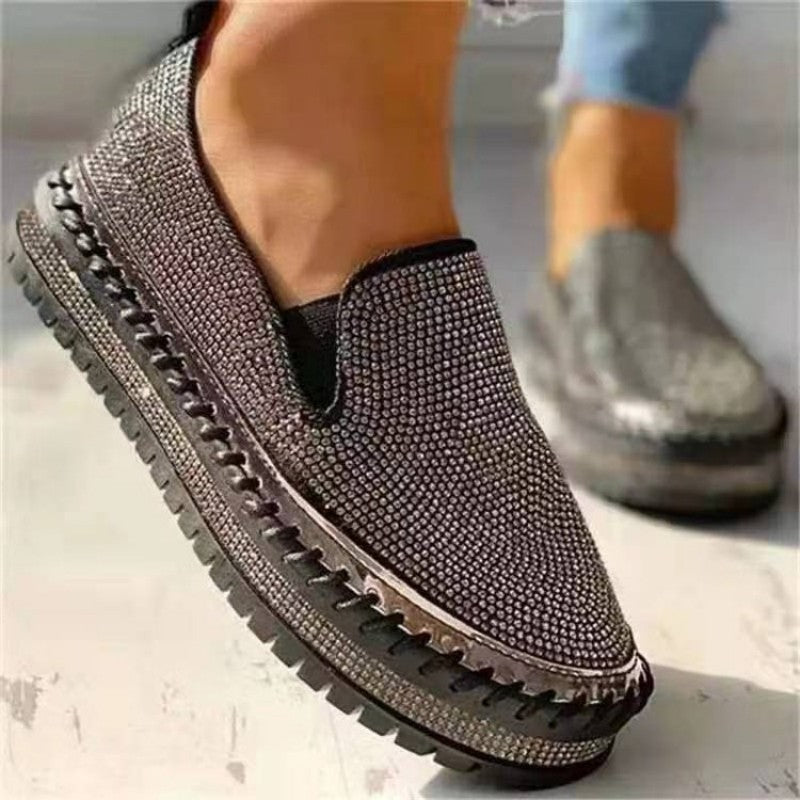 Clacive - Black Casual Patchwork Rhinestone Round Comfortable Out Door Flats Shoes