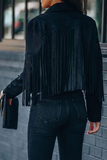 Clacive - Black Casual Solid Tassel Turndown Collar Outerwear