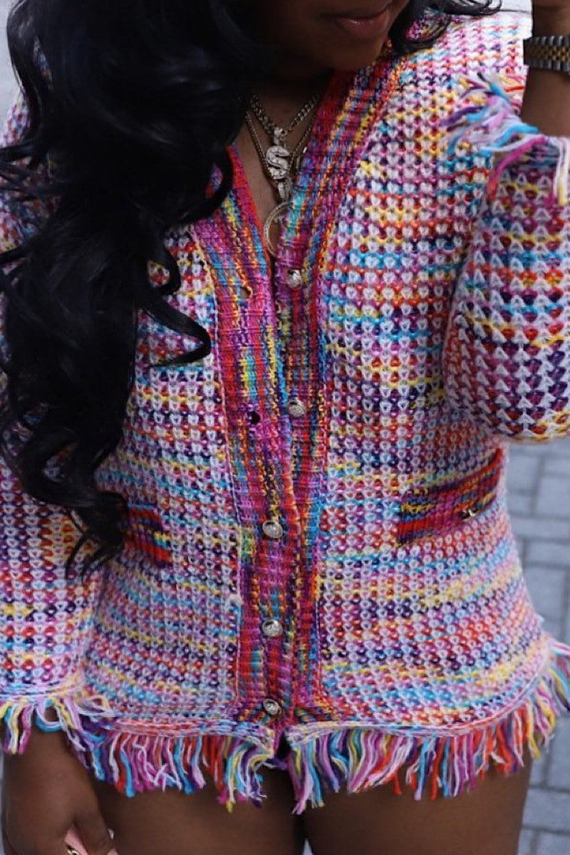Clacive Multicolor Casual Patchwork Weave V Neck Outerwear