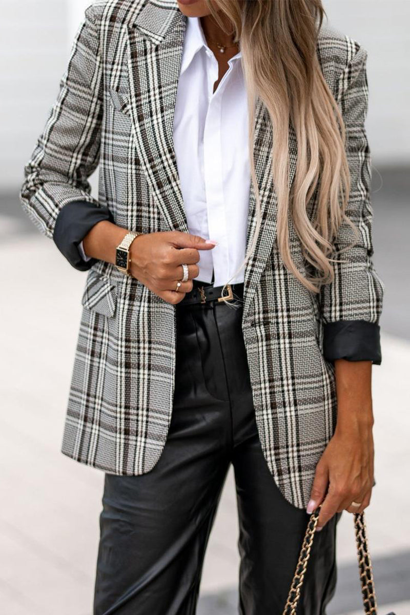 Clacive - Grey British Style Plaid Patchwork Turn-back Collar Outerwear